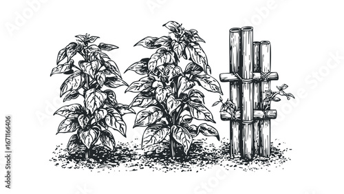 Line Art Drawing of Young Plants Supported by Bamboo Stakes. Vector hand drawn illustration