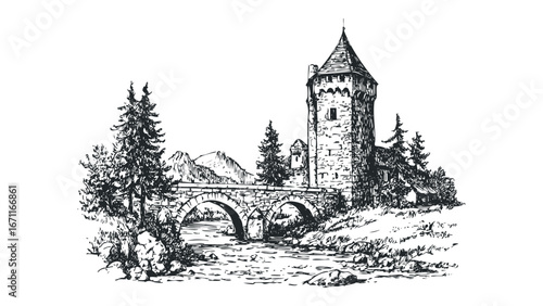 Black and white sketch of a medieval stone bridge and tower by a river. Vector hand drawn illustration