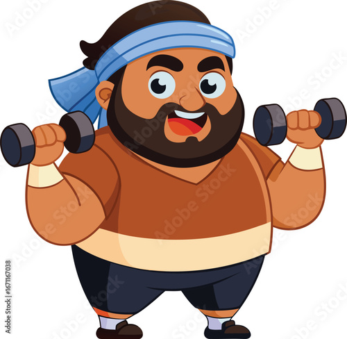 happy chubby bearded man cartoon character exercising with dumbbells