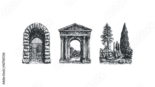 Collection of antique architectural elements with arched stone gateway, classical archway and ruined pillars with trees. Vector hand drawn illustration