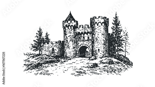 Sketch of stone fortress on grassy hill surrounded by trees. Vector hand drawn illustration