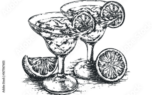 Two refreshing cocktails with ice and citrus slices on a white background. Vector hand drawn illustration