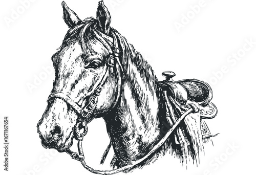 Detailed sketch of a horse head with a saddle and bridle. Vector hand drawn illustration