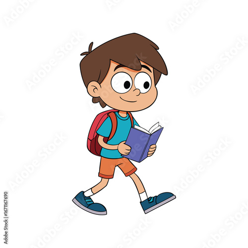cute cartoon boy student walking while reading a book