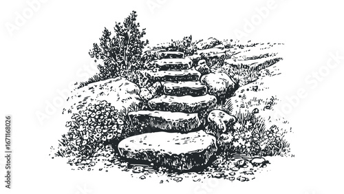 Hand drawn sketch of stone steps winding through a rocky garden with foliage. Vector hand drawn illustration