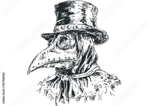 Black and white sketch of a medieval plague doctor wearing a mask and hat. Vector hand drawn illustration