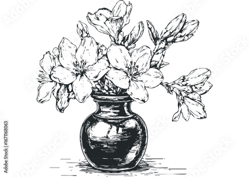 Black and White Sketch of Freesia Flowers in a Vase. Vector hand drawn illustration