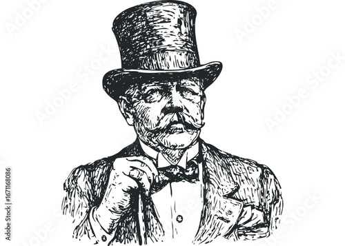 Sketch of a distinguished gentleman in a top hat holding a cane. Vector hand drawn illustration