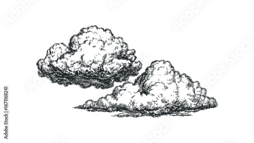 Detailed sketch of cumulus clouds against a white background. Vector hand drawn illustration