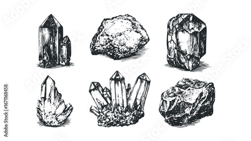 Collection of Hand-Drawn Natural Mineral Crystals and Rocks. Vector hand drawn illustration