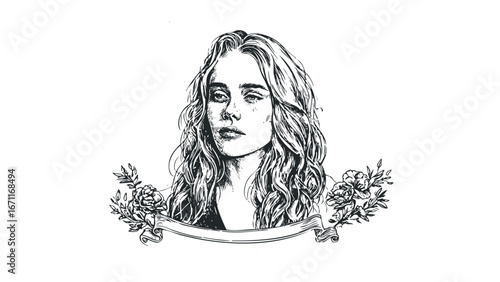 Sketch portrait of a young woman with flowing hair and floral accents on a white background. Vector hand drawn illustration