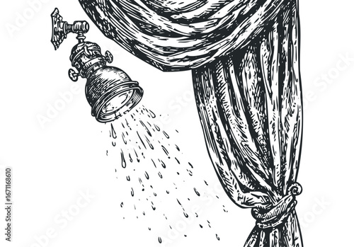 Stage spotlight illuminates pouring water droplets next to draped theatrical curtain. Vector hand drawn illustration