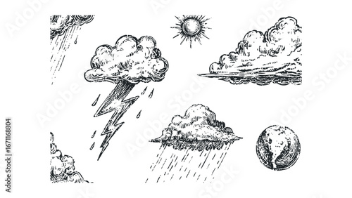 Vintage storm weather icons with lightning, rain, clouds, and sun. Vector hand drawn illustration