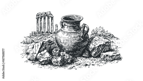 Ancient Amphora and Ruined Temple Structures on Rocky Terrain. Vector hand drawn illustration