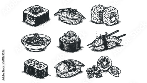 Hand Drawn Japanese Sushi and Maki Rolls Collection with Lemon and Herbs. Vector hand drawn illustration