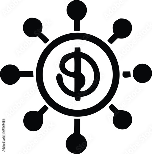 Dollar sign encircled with radiating connections symbolizing financial network growth and money distribution opportunities for business expansion.