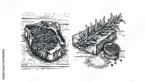 Hand-drawn steak and rosemary seasoning with peppercorns and coarse salt. Vector hand drawn illustration
