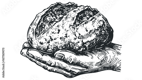 Hand Holding Textured Loaf of Bread with Engraved Style. Vector hand drawn illustration