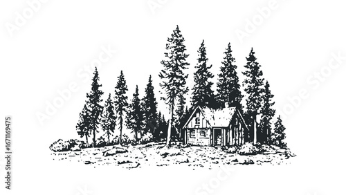 Rustic cabin nestled amidst dense evergreen forest on a rocky terrain. Vector hand drawn illustration