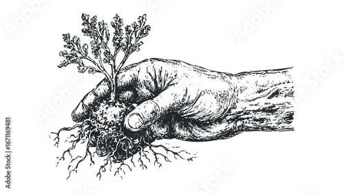 Hand holding a sapling with visible roots against a white background. Vector hand drawn illustration