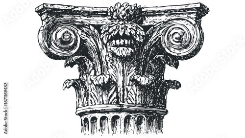 Ornate Column Capital with Acanthus Leaves and Volutes in Classic Architectural Style. Vector hand drawn illustration