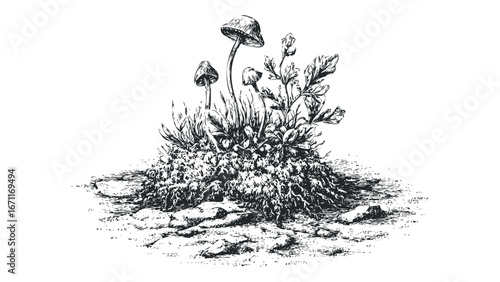 Black and White Sketch of Wild Mushrooms and Foliage on Textured Ground. Vector hand drawn illustration