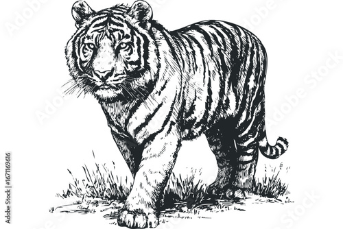 Detailed ink sketch of a tiger walking through grass. Vector hand drawn illustration