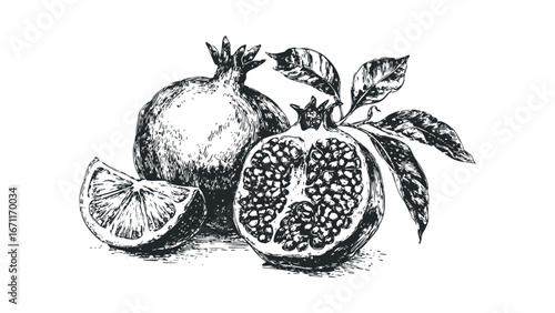 Hand-drawn sketch of ripe pomegranates with leaves and citrus slice. Vector hand drawn illustration