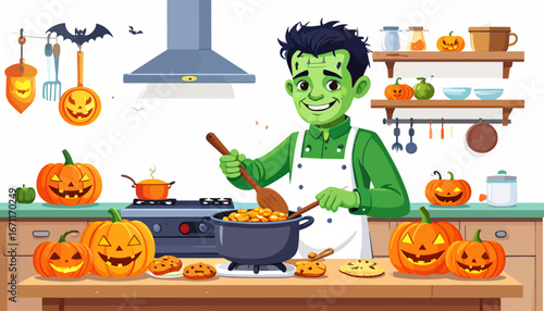 Friendly green monster character happily cooking a festive pumpkin dish in a kitchen decorated for a Halloween celebration