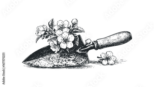 Engraving of a Gardening Trowel with Blossoms and a Single Flower. Vector hand drawn illustration