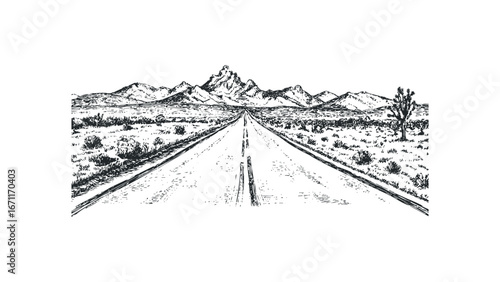 Long desert highway leading to majestic mountain range with Joshua tree. Vector hand drawn illustration