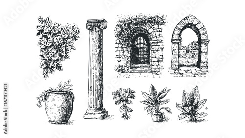 Collection of Hand-Drawn Architectural Elements and Plants in Sketch Style. Vector hand drawn illustration