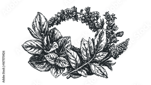 Monochromatic sketch of aromatic basil leaves and flowering stalks. Vector hand drawn illustration