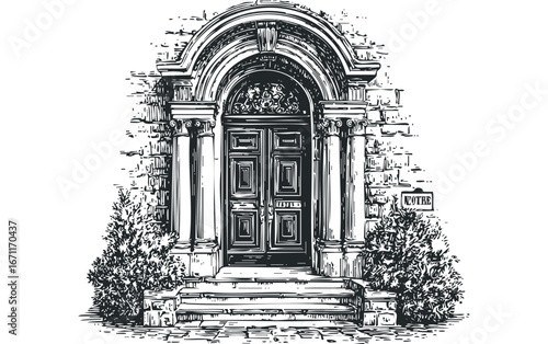 Architectural arched entryway with double doors and stone pillars. Vector hand drawn illustration