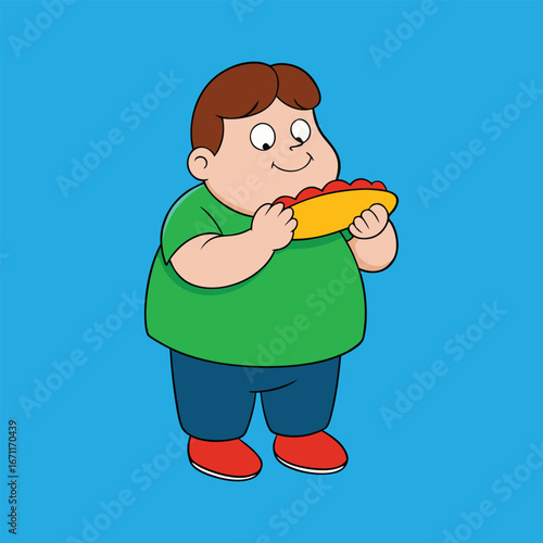 cute boy cartoon character eating a hot dog