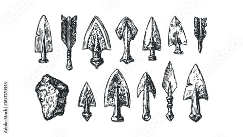 Collection of Hand Drawn Stone Age Arrowheads and Flint Rock. Vector hand drawn illustration