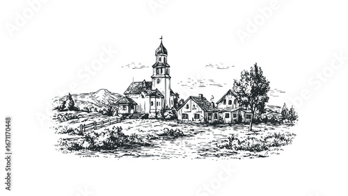 Sketch of a quaint village scene with a church and houses amidst rolling hills and foliage. Vector hand drawn illustration