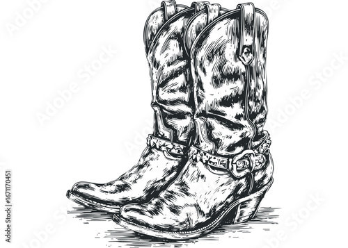 Detailed Sketch of Two Leather Cowboy Boots with Ornate Buckles. Vector hand drawn illustration