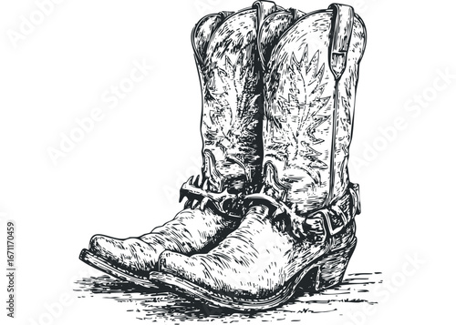 Detailed sketch of classic cowboy boots with spurs on a white background. Vector hand drawn illustration