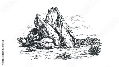 Sketch of large weathered rock formations in a dry landscape with sparse vegetation. Vector hand drawn illustration