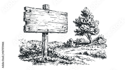 Wooden signpost in a natural landscape with a gnarled tree. Vector hand drawn illustration