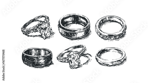 Six diverse ring sketches featuring engagement rings and wedding bands. Vector hand drawn illustration