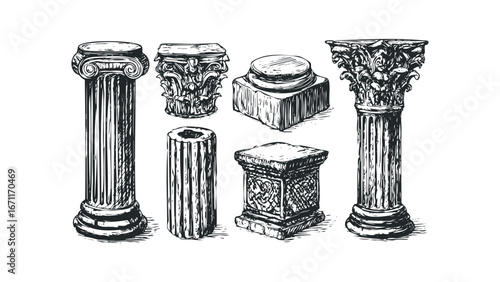 Collection of Antique Architectural Columns and Pedestals with Intricate Detailing. Vector hand drawn illustration
