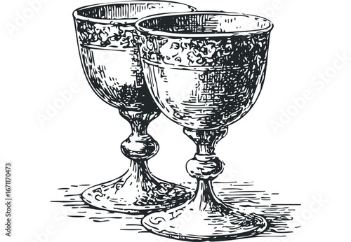 Two Ornate Goblets with Detailed Engraving. Vector hand drawn illustration