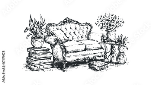 Elegant Tufted Sofa with Potted Plants and Books in Vintage Sketch Style. Vector hand drawn illustration