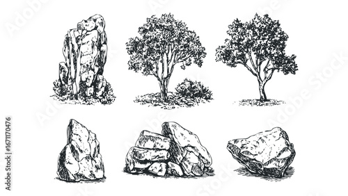 Pencil sketch of assorted natural boulders and trees with dense foliage. Vector hand drawn illustration