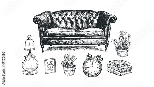 Ornate Tufted Chesterfield Sofa with Assorted Decorative Objects. Vector hand drawn illustration
