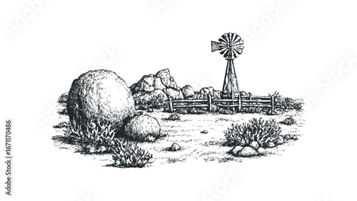 Sketch of a traditional windmill in a rocky, arid landscape with sparse vegetation. Vector hand drawn illustration
