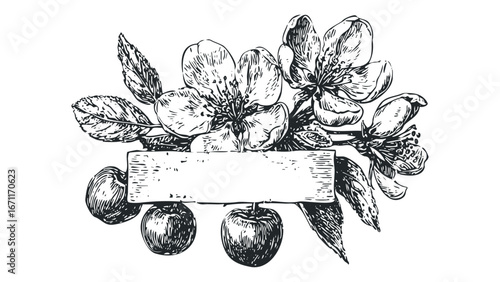 Detailed sketch of apple blossoms with ripe apples and a blank banner. Vector hand drawn illustration