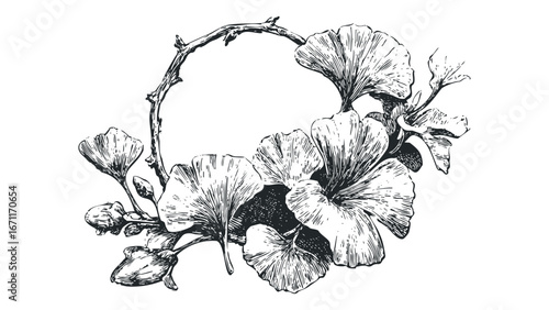 Hand Drawn Ginkgo Leaves and Twig Frame on White Background. Vector hand drawn illustration